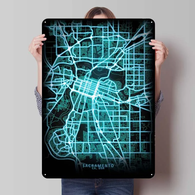 Sacramento CA USA Mesto Mapa kovov plagát Gamer Room Decorácie kovové plechové znaky Pleque pre nástenné umenie dekorácia vintage dekor retro