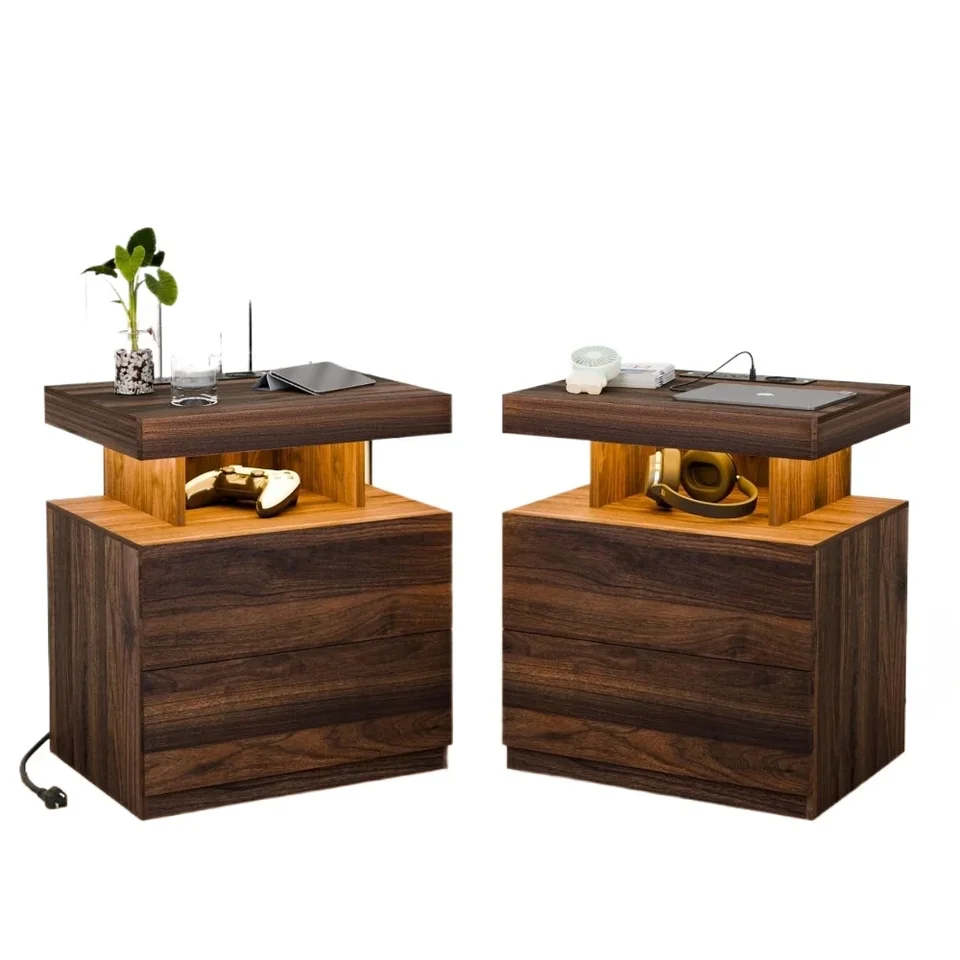Sada 2 -nočného stolíka s bezdrôtovými nabíjacími stanicou Dark Walnut v polovici storočia na nočný stolík Nočný stolík USB Port