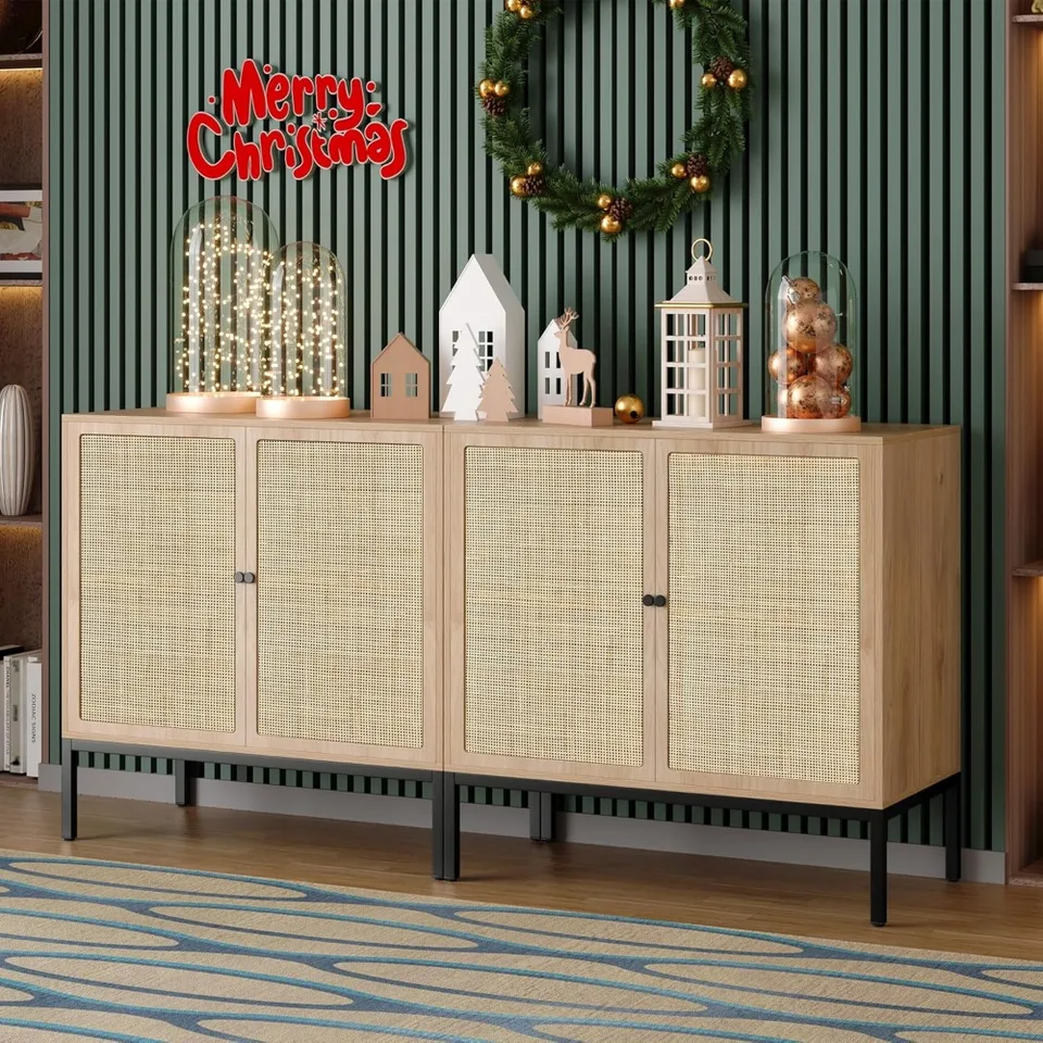Sada 2 príborníky s prírodnými ratanovými zdobenými dverami, kabinet Console Accent Console Console Console, pre vchod obývacej izby