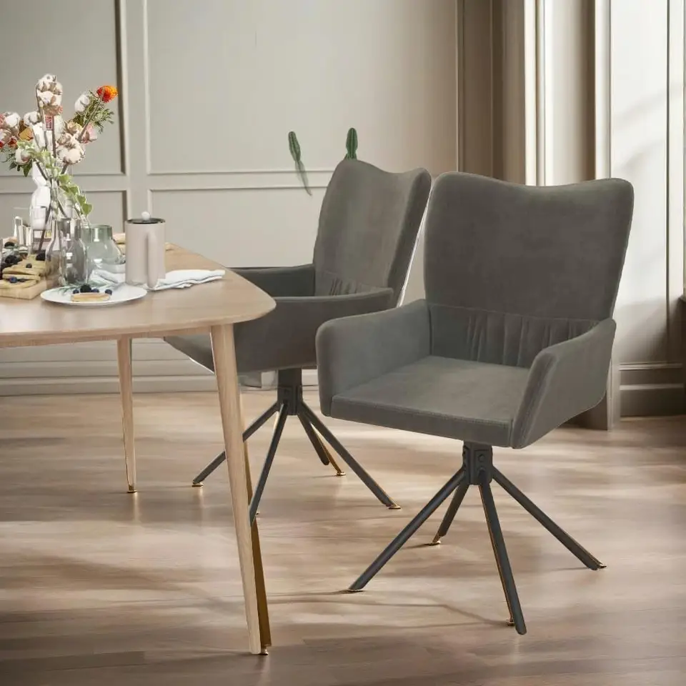 Sada 2 tmavošedých zamatových otočných jedálenských stoličiek - elegantný a pohodlný moderný dizajn