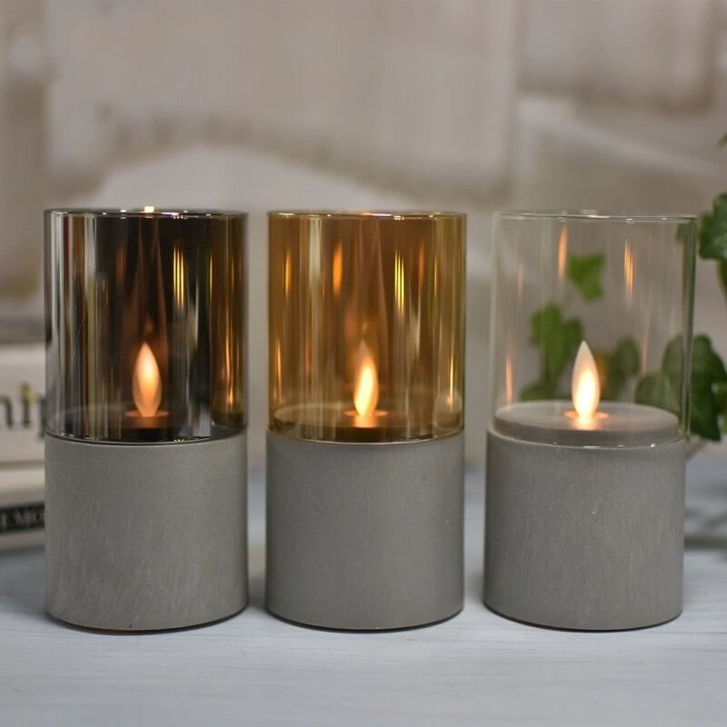 Sada 3 tanečných plameňov LED sklenené sviečky betónové držiak na sviečky batériu ovládané pilierové trubicové svetlá vianočný svadobný stôl deco