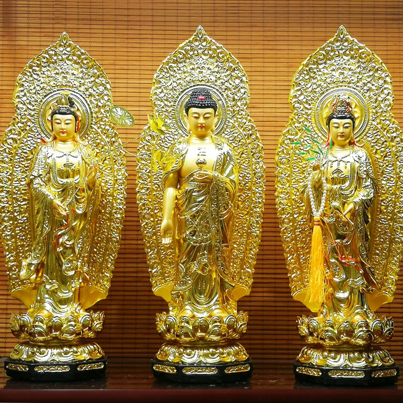 Sada 3ks domáci svätyňa budhizmus XI Fang Sansheng stojaci guan yin amitabha Mahasthamaprapta Buddha Buddha veľká 38 cm