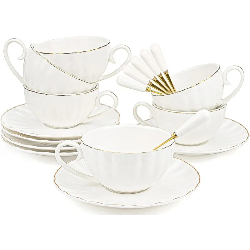 Sada 6 kráľovských čajových šálok a tanierov so zlatým lemom, 8 oz biely porcelánový čajový set a britské šálky kávy, biela latte