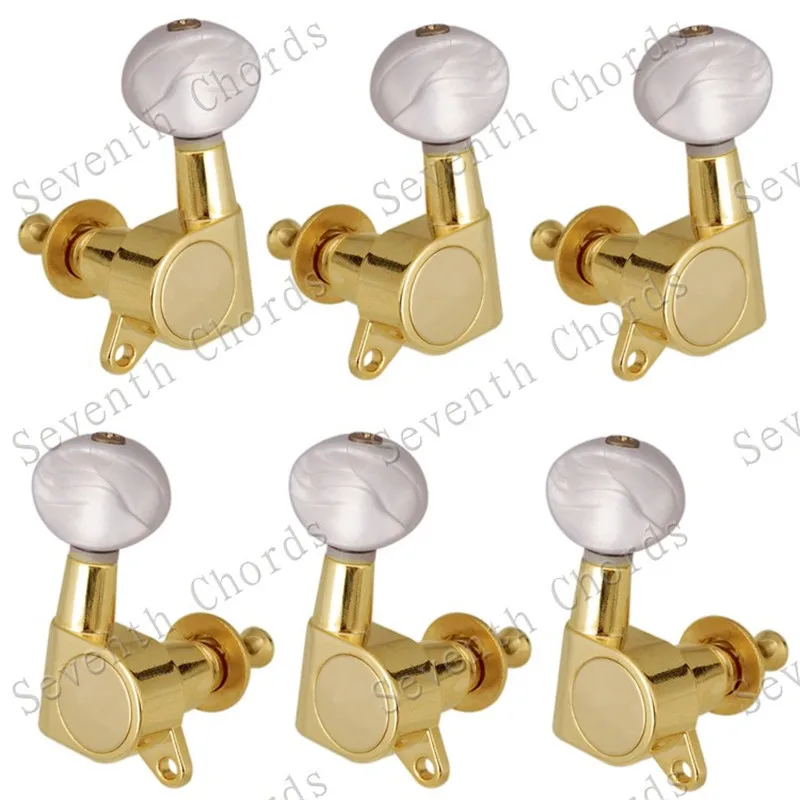 Sada 6 ks biely perla s malým oválnym konkávnym gombíkom Guitar Guitar Tuning PEG Tuner stroj na hlavu Časti