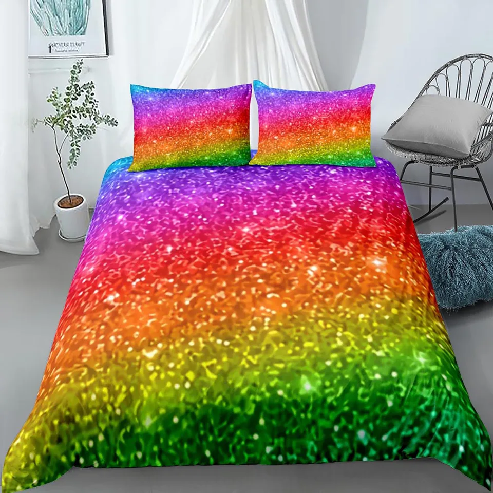 Sada dúhových obliečok sada farebný trblietavý dúhový posteľná súprava pre detské chlapče Girl Multicolor Power Cover Cover Polyester Quilt Cover