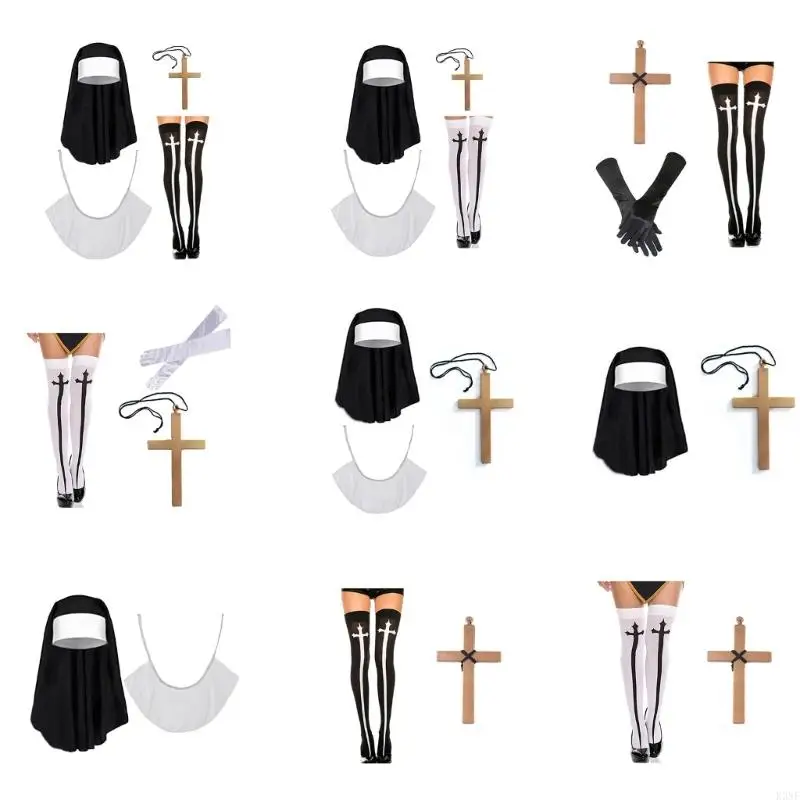 Sada kostýmov K3NF Nun, Nun Hat, Nun Collar Pendens HrdeckLace, vysoké ponožky stehien pre Halloween Cosplay Carnival téma téma Party