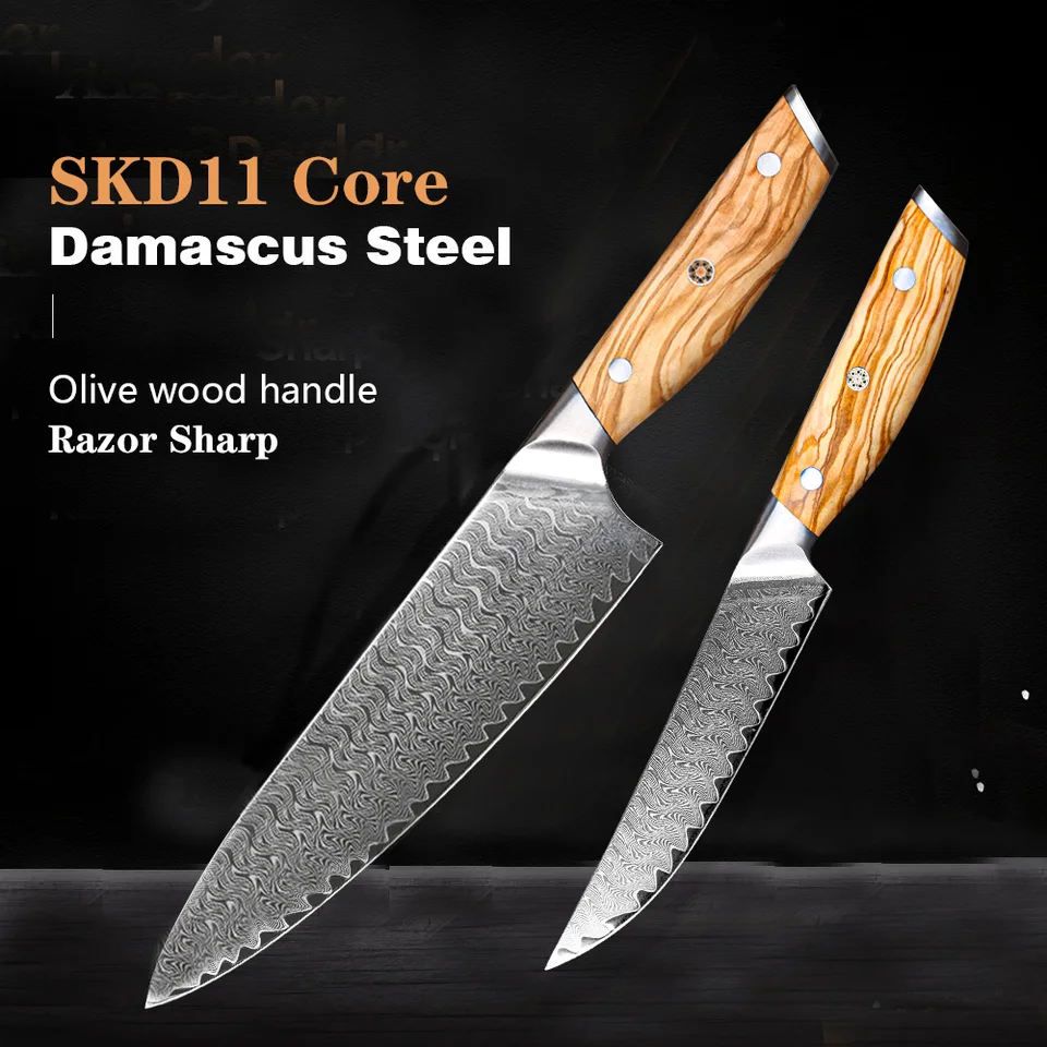Sada kuchynských nožov šéfkuchára, Damascus Steel, Chef Utility Nože, rukoväť olivewood, najlepšia kvalita, kuchynské kuchynské náradie, VG10, 2ks