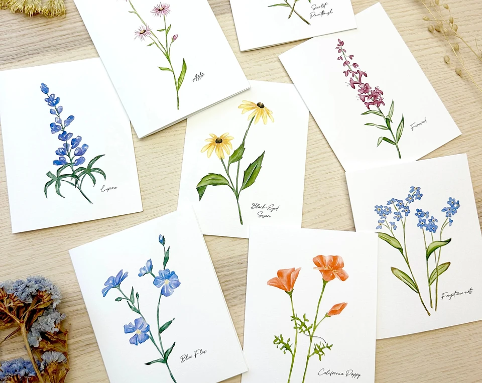 Sada Notecard, sada kariet Wildflower, kvetinové stacionárne, akvarely pohľadávky, sada 8 sada kariet Wildflower, box 8