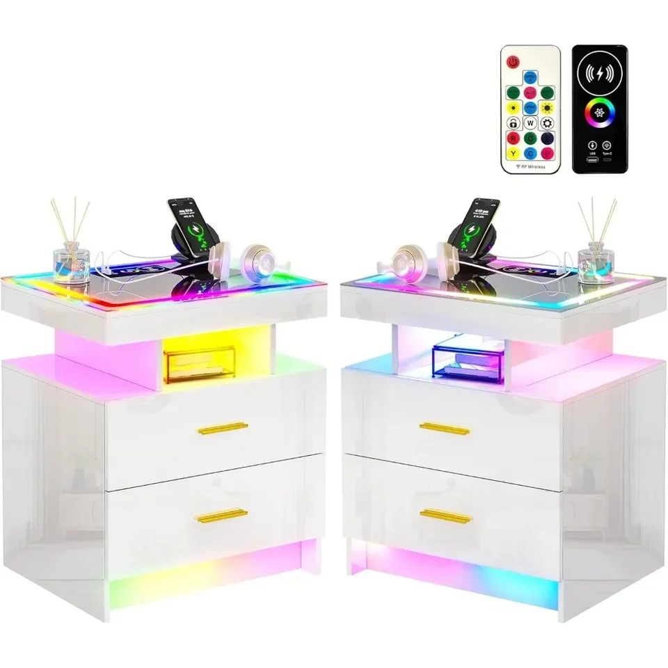 Sada nočného stolíka 2, bezdrôtová nabíjacia stanica RGB LED svetlá 2 zásuvky lesklé so skleneným horným stolom s otvoreným úložným priestorom