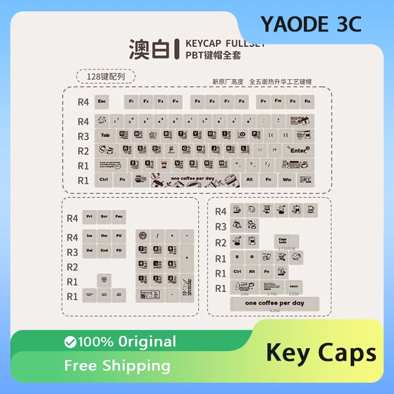 Sada plochej bielej témy Keycap Set 128Keys Nový čerešňový profil farbivom sublimačné kľúče čiapky