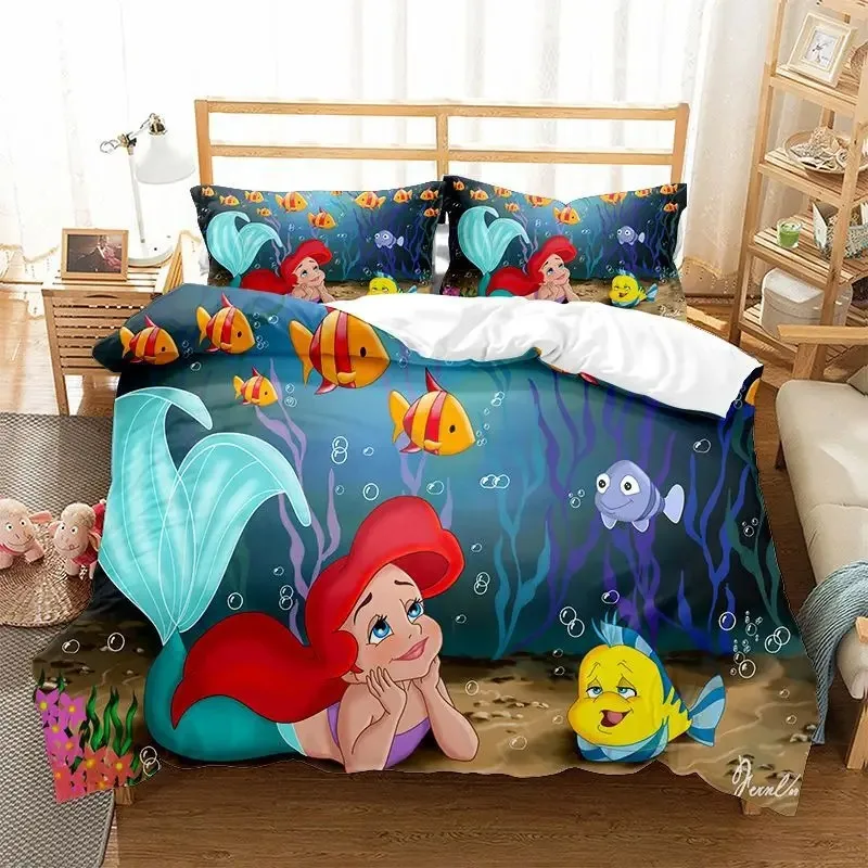 Sada podstielky Little Mermaid Ariel Ariel, obliečky na krytie anime, 3D tlač, s vankúšom, pre deti dospelých, pre dvojlôžkovú posteľ