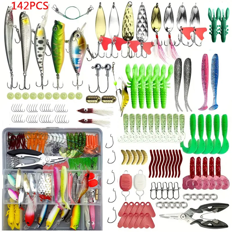 Sada rybárskej návnady 18/11/59/142ks zmiešaná vibrácia Lure Kit Soft Lure Lure Minnow Popper Hooks