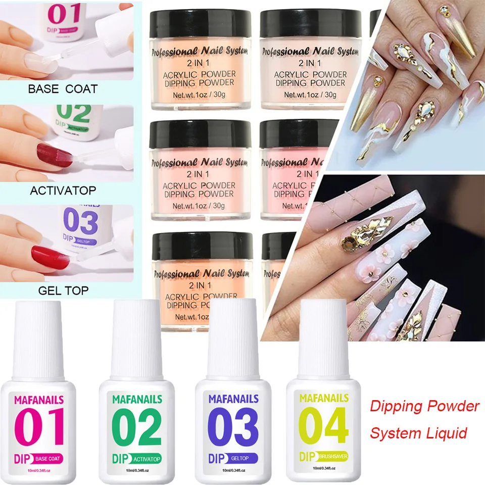 Sada s práškovou kvapalinou 4-stupňové akrylové ponorné práškové základne Base Activator Saver Saver pre prášok na manikúru Dip Powder nie je potrebná žiadna lampa