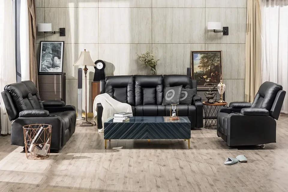 Sada stoličiek s kreslom, kožené kreslá obývacia izba nábytok, súpravy kresla Sofa Lovesat (čierna, obývacia izba 3+2+1)