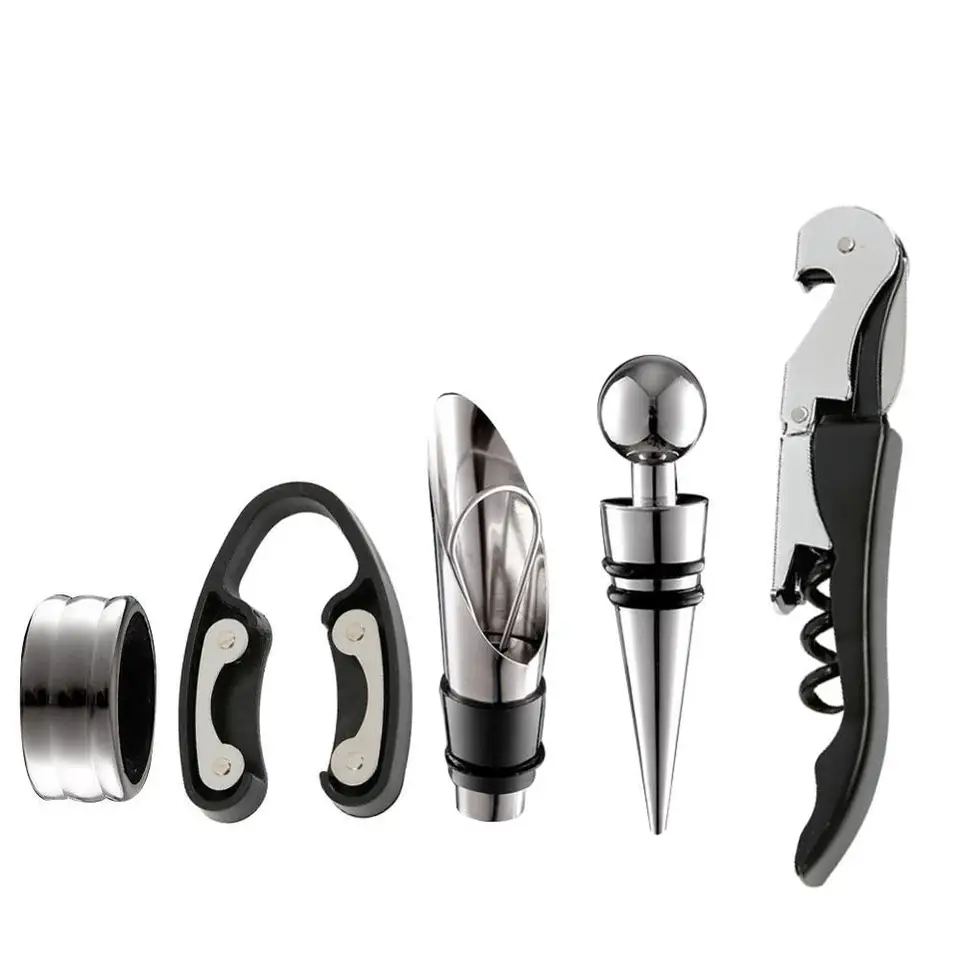 Sada súpravy na otvárač vína vrátane 5 ks Nástrojom Nástroj na otváranie vína s otváraním vína nalievanie víno Ring Wine Decanter Fľaša Cutter #EW