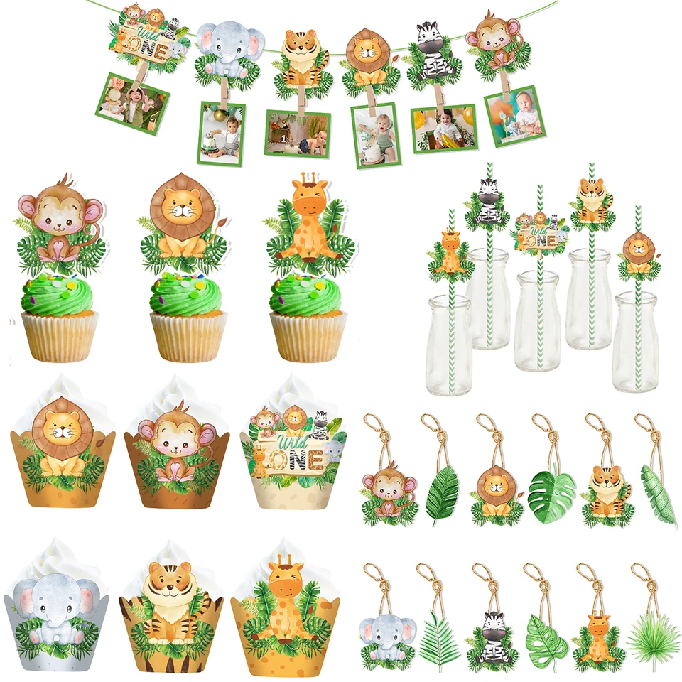 Safari Party Photo Banner Cupcake obaly zvierat tematický koláč Topper papierové slamky pre deti dekorácie narodeninovej oslavy džungle