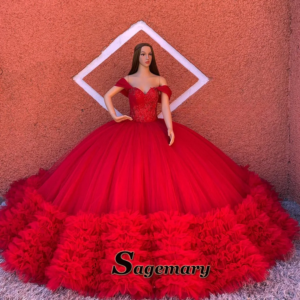 Sagemary Fairytale Tulle Quinceanera Šaty pre dospievajúcich z ramena Vestido de 15 Quinceaneras Morado Prispôsobené plus veľkosť