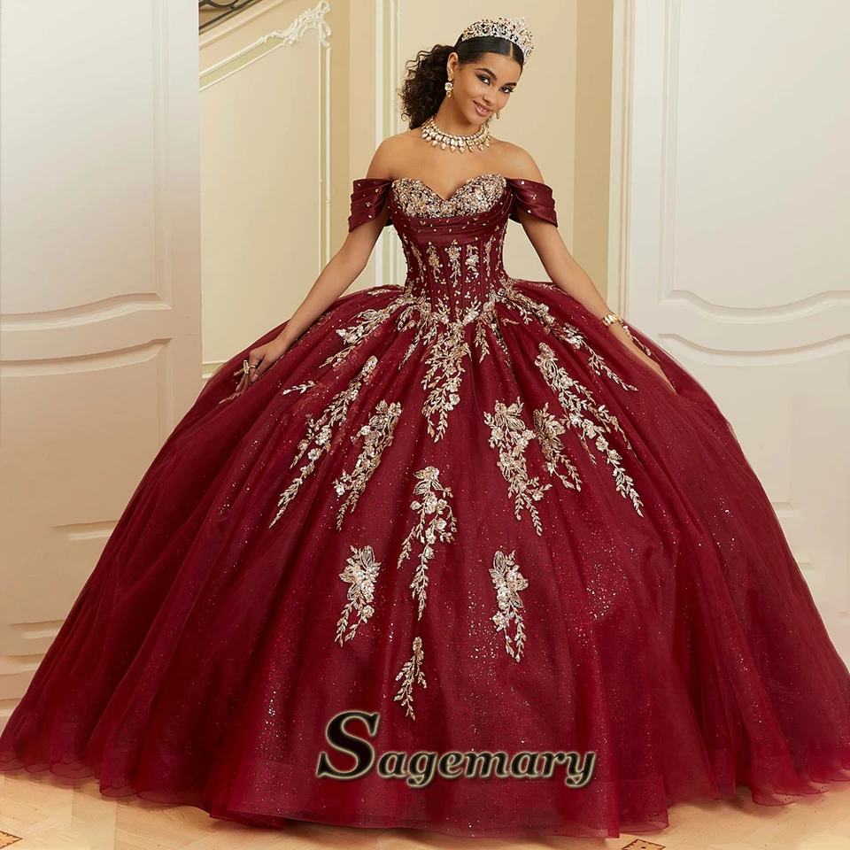 Sagemary klasické zlatíčko Quinceanera šaty pre dospievajúcich z ramien
