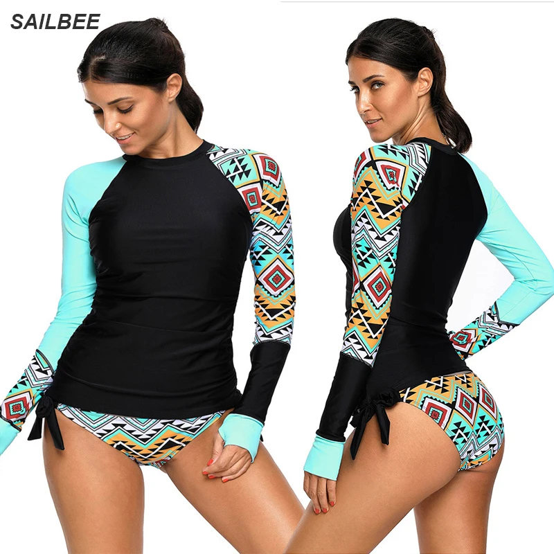 Sailbee Women Rashguard Swawwear s dlhým rukávom vyrážky strážca surfovanie Top farebné bloky plavky na bicykli bicykel UPF50+ plážové oblečenie