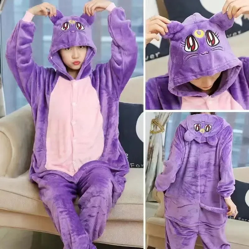 Sailor Moon Luna flanel jednodielne pyžamá karikatúra Jeseň a zimné dievčenské pyžamy roztomilé teplé pyžamy fialové mačky pyžamy