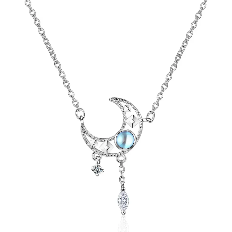 Saiye S925 Sterling Silver Blue zirkon Moon pokročilý krištáľový prívesok Náhrdelník Simple Civors reťaz dám