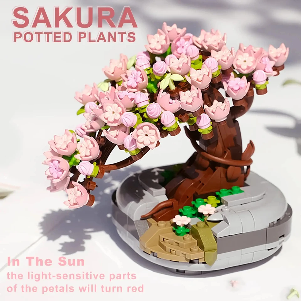 Sakura Potted kytice stavebné bloky rastlín bonsai sukulentný model tehly ozdoby Detské vzdelávacie pre domácich majstrov hračiek Darčeky