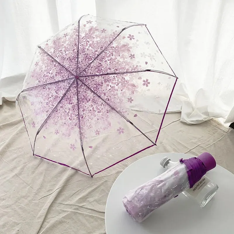 Sakura Transparent dáždnik Trojnásobný vetrpro odolný voči RainsProof Kórejský roztomilý mini jednoduchý skladací dáždnik