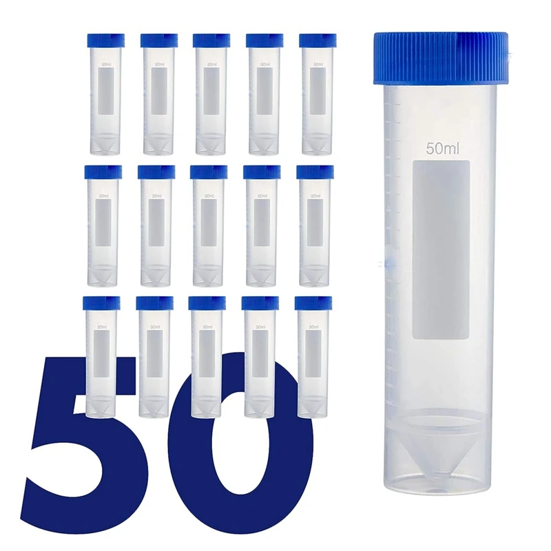 Samostatne stojace odstredivky 50 ml, [50 balení] plastová skúmavka so skrutkami, 50 ml sterilné testovacie trubice s opakovaným použiteľným vekom