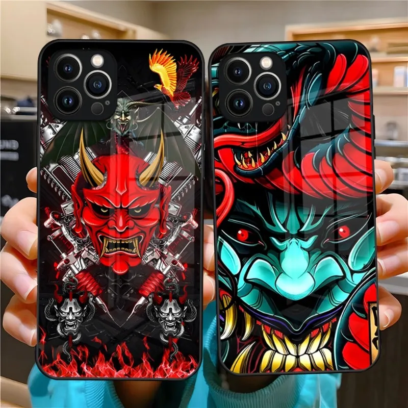 Samurai oni maska ​​telefónu pre puzdro pre Apple iPhone 14 Pro 12 11 13 Mini x xr xs Max 8 7 6 Plus SE 2020 Dizajn skla Zadný kryt