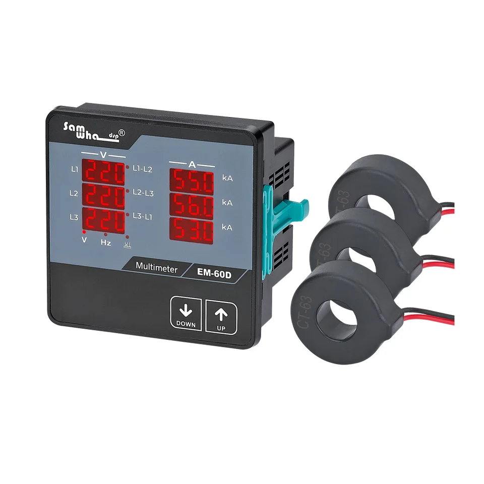 Samwha-DSP EM-XXD Digital Multimeter, obsahuje 3 CT, trojfázové volt (LL), (LN), ampér, frekvencia, fázový sekvenčný displej