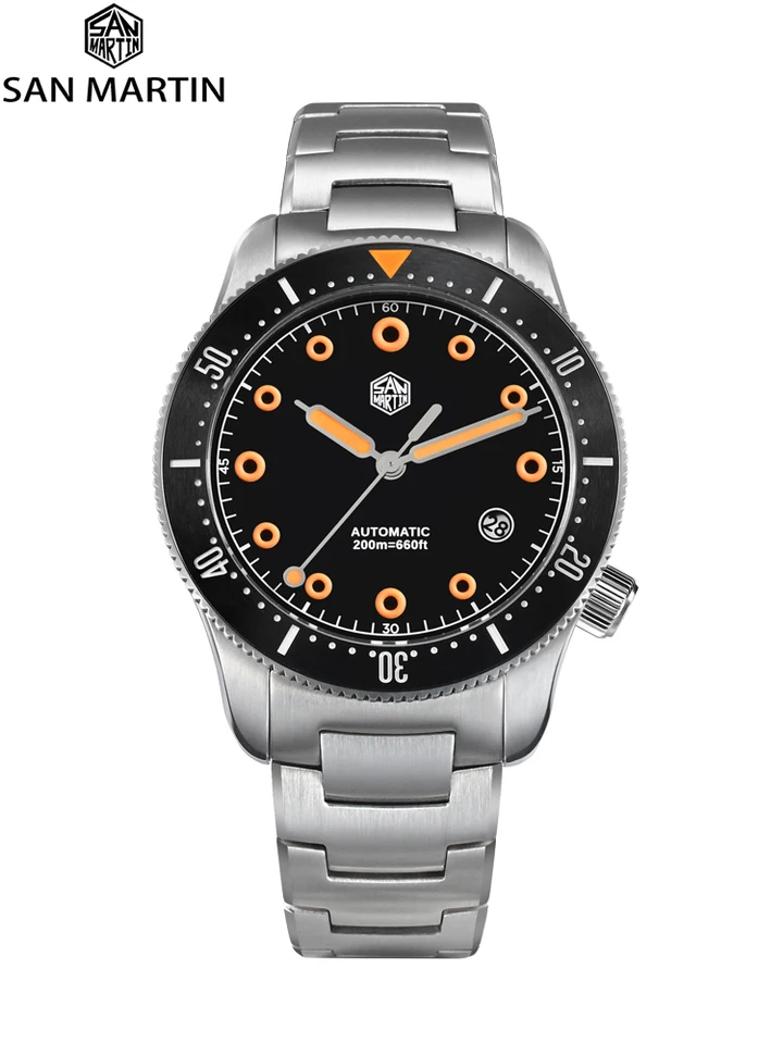 San Martin Design 39,5 mm potápači Hodinky YN55 Automatické mechanické oceľové hodinky pre mužov Sapphire Waterproof 200 m Svetlá SN0142