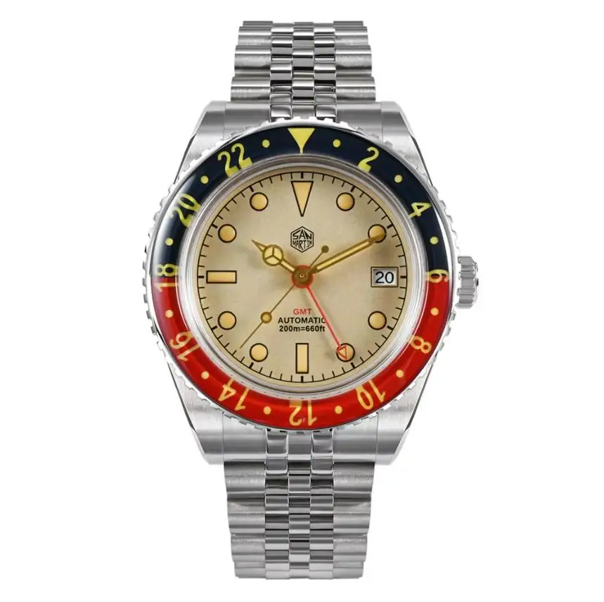 San Martin Men GMT Watch Luxury Automatické hodinky Retro mechanické náramky 200 m nepremokavé C3 Svetel Sapphire Bezel NH34