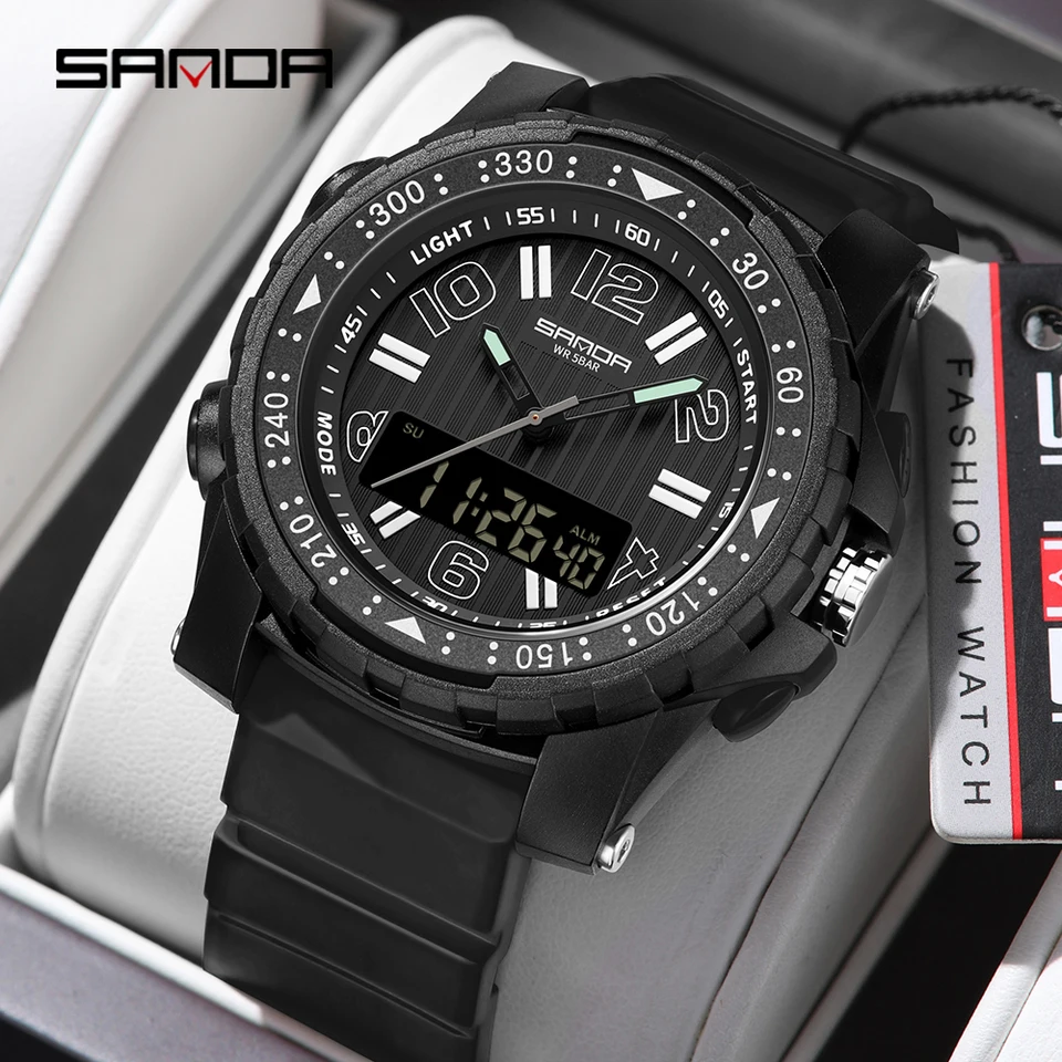 SANDA 3375 Módna luxusná pánska Elektronická Quartz Watch Sports Multi funkčná nepremokavá LED Pánske elektronické hodinky 2024