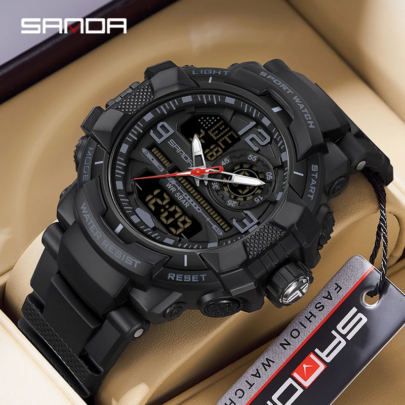 Sanda Dual Display Men hodinky 5ATM Vodotesné športové hodinky Vojenský muž Stopwwatch Quartz Zápraty náramky