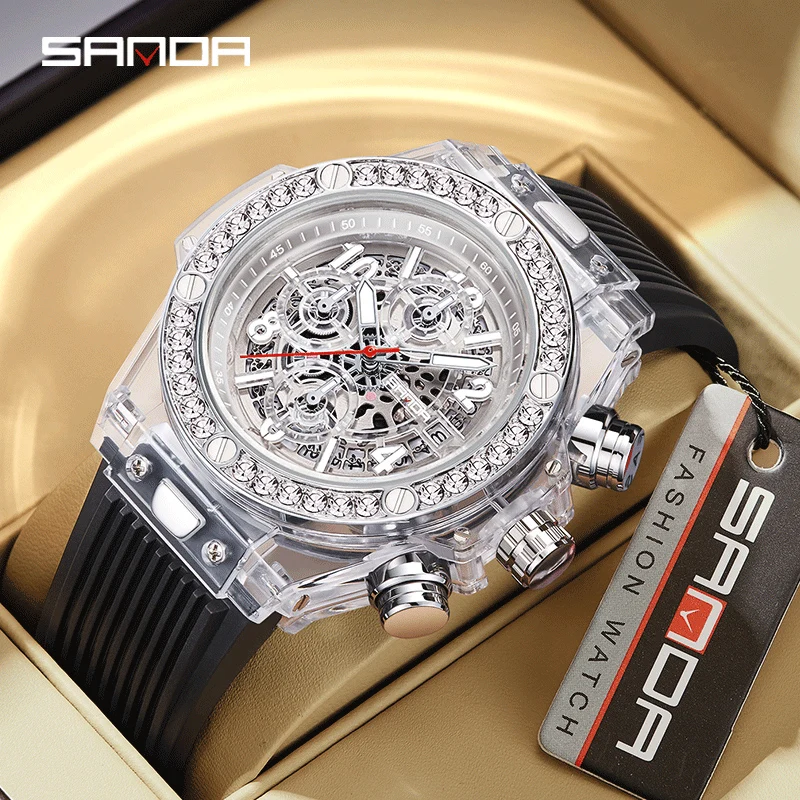 SANDA Fashion Brand Men Quartz Watches Luxury Water Diamond Business Mens Watch Waterproof Chronograph Hodnota
