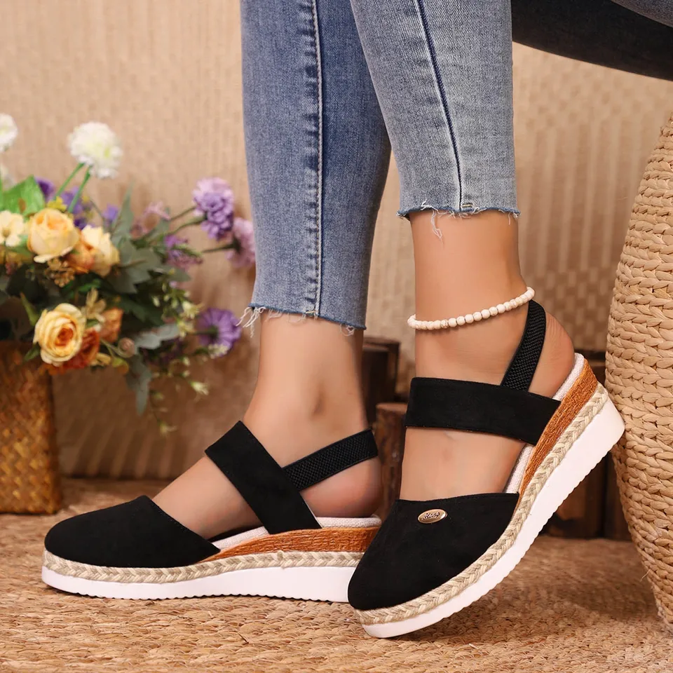 Sandále Ženy pletené espadrille uzol gombík členok popruh klinové sandále bielizeň letná päta Platforma espadrilles topánky