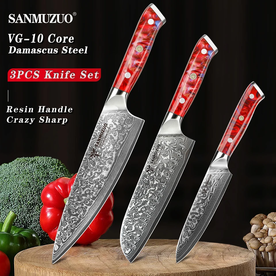 Sanmuzuo Set 3pcs Chef Nôž - Xuan Series - VG10 Damascus Steel Utility Santoku Chef Kitchen Knives - Rukovina živicí
