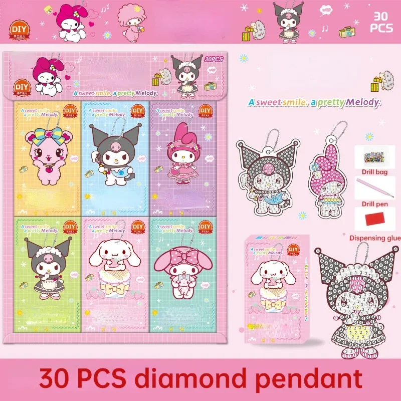 Sanrio 30pcs Diamond Painting DIY prívesky Hello Kitty Kuromi Keychains Birthday Present Crafts Party laskavosti pre deti dievčat