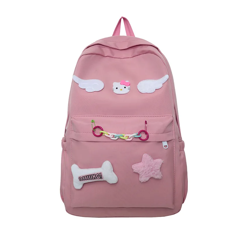 Sanrio Anime Hello Kitty Cute Girls Backpack Pink Cartoon Veľká kapacita Lightweight Nylon Schoolbag College Študenti Ruky vrecká