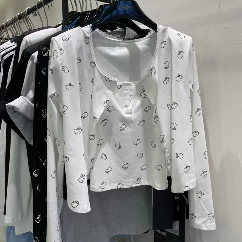 Sanrio Hello Kitty Fashion Sweet Cartoon Print Top sada sada s dlhým rukávom Mardigan camisole 2 kusová sada žien Slim Fit Temperament Suit