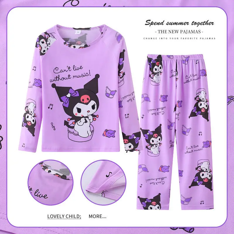 Sanrio Hello Kitty Kuromi Detské pyžamy Cinnamoroll My Melody 2pcs Cartoon Anime Kids Nastavte tenké dievčatá s dlhým rukávom