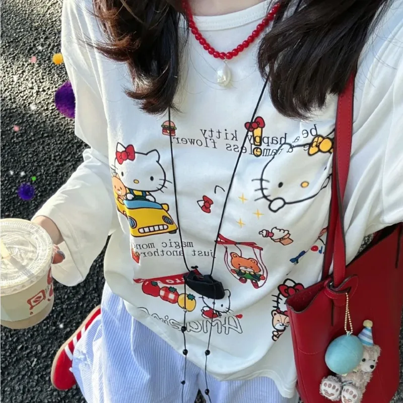 Sanrio Hello Kitty Kórejská verzia módne roztomilé tričko Pure Cotton Dlhá rukávové odpaliská jeseň všestranný trend okrúhly krk horná časť