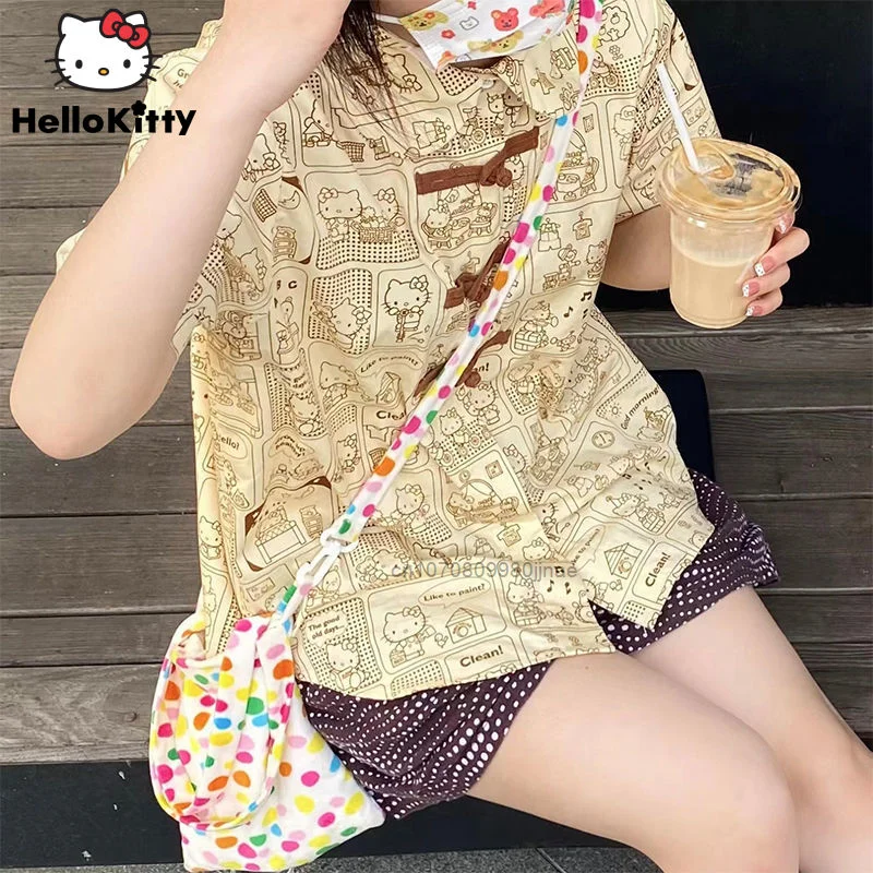 Sanrio Hello Kitty Loose Casual Blúzke y2k dievča Nové letné módne tlačené tričká Y2K Cartoon Clothes Top Tees Harajuku tričko