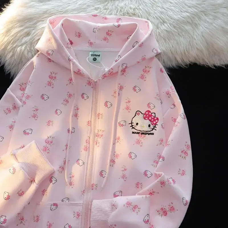 Sanrio Hello Kitty Mardigan s kapucňou bunda ťažké bavlnené jar jeseň kvetinová voľná tenká mikina Ženy kawaii darček