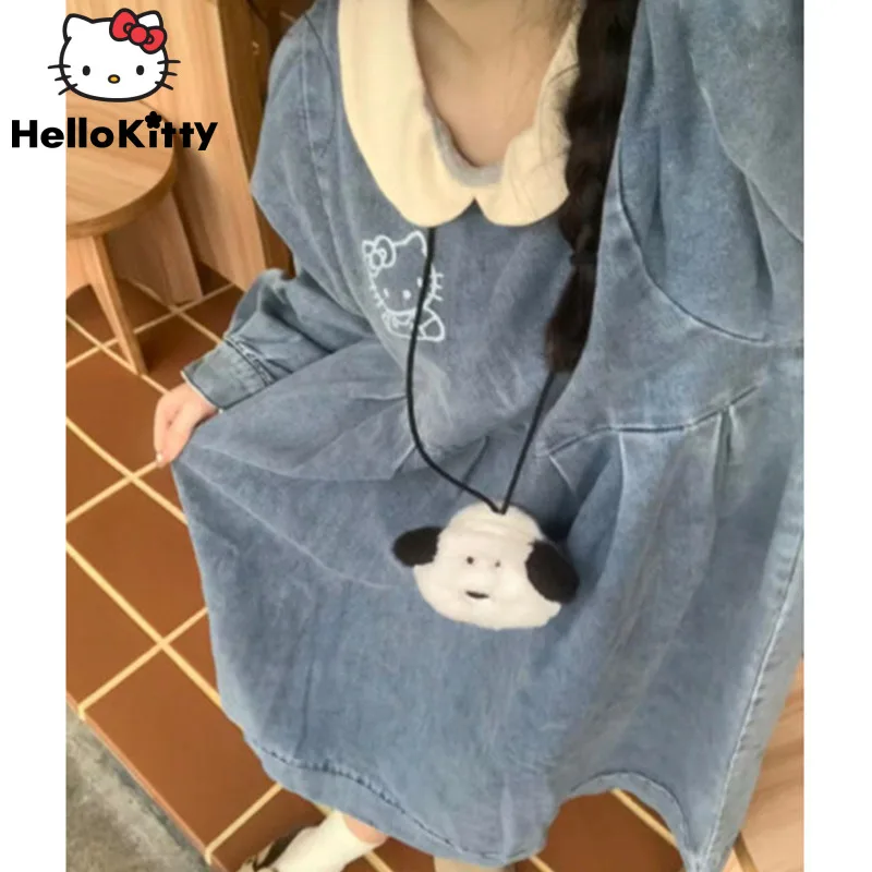 Sanrio Hello Kitty okrúhle krk módne džínsové šaty Ženy japonské vysokoškolské elegantné šaty y2k sladké obojok obojok Top košele