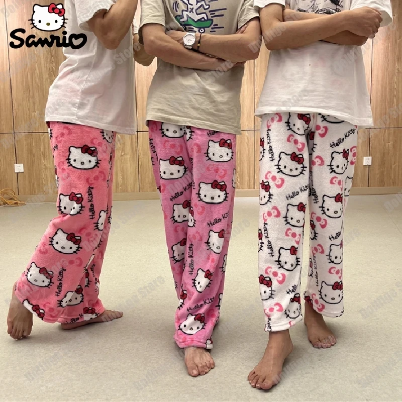 Sanrio Hello Kitty pyžamové nohavice y2k karikatúra čierna kawaii Mäkké plyšové