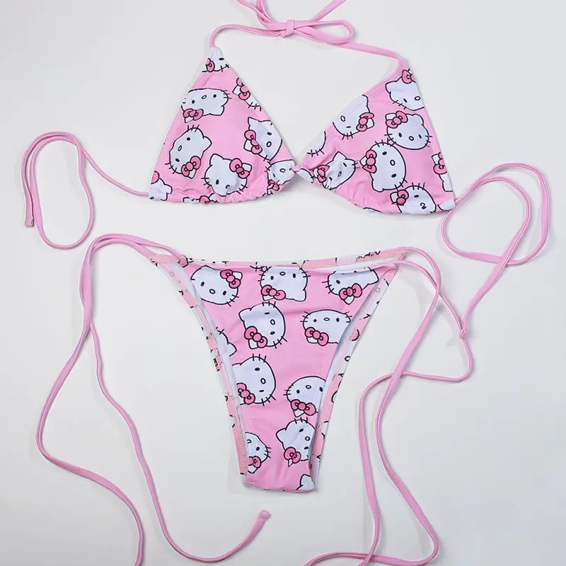 Sanrio Hello Kitty ružové roztomilé dievča plážový dovolenkový trojuholník bikiny plavky podprsenka a nohavičky set spodná bielizeň set sexy spodná bielizeň