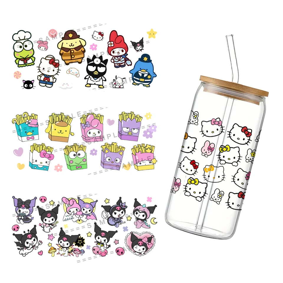 Sanrio Hello Kitty s priateľmi pre libbey 16oz sklo 3D nepremokavé UV DTF káva môže zabaliť sklenené obal