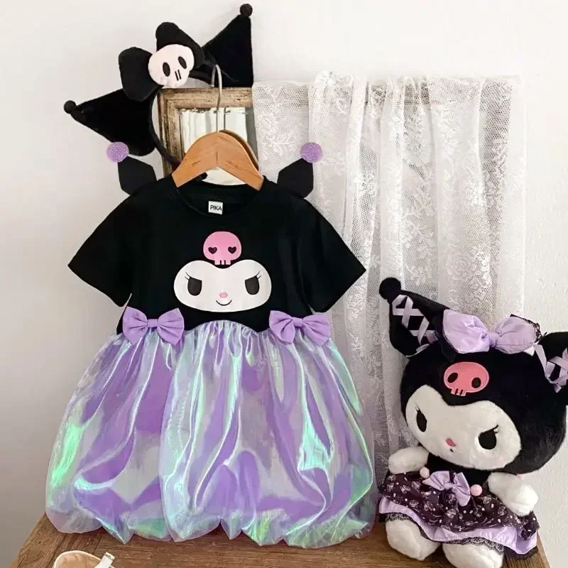 Sanrio Hello Kitty Summer Kuromi Nové dievčatá šaty s krátkym rukávom Color Polka-dot zmrzlina trojrozmerná melódia tričko sukňa