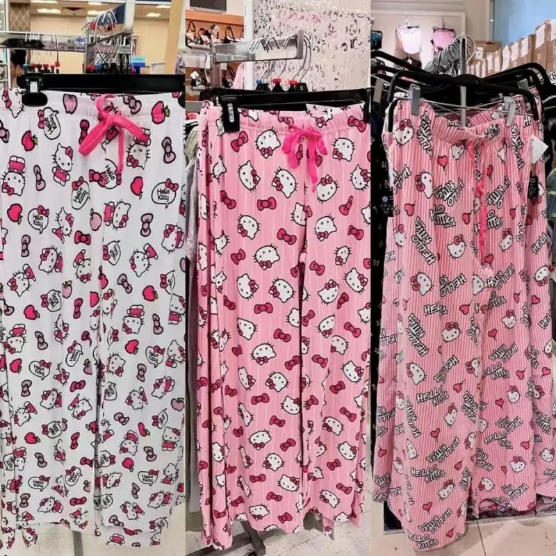 Sanrio Hello Kitty Summer ružové ružové ospalé nohavice sladké y2k roztomilé tlačené domáce nohavice voľná rovná trubica ležérne nohavice darčeky